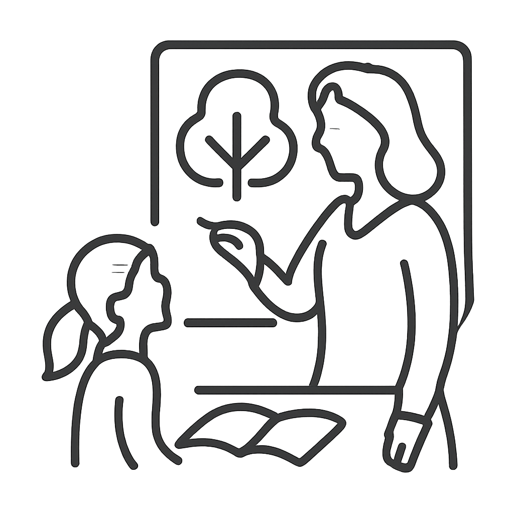 Black-and-white vector of teacher and two students at a blackboard with a tree drawn on it.