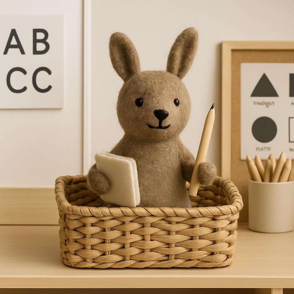 A stuffed brown bunny is holding a beige book and pencil in a wicker basket placed in a study nook. Items on or near the m...